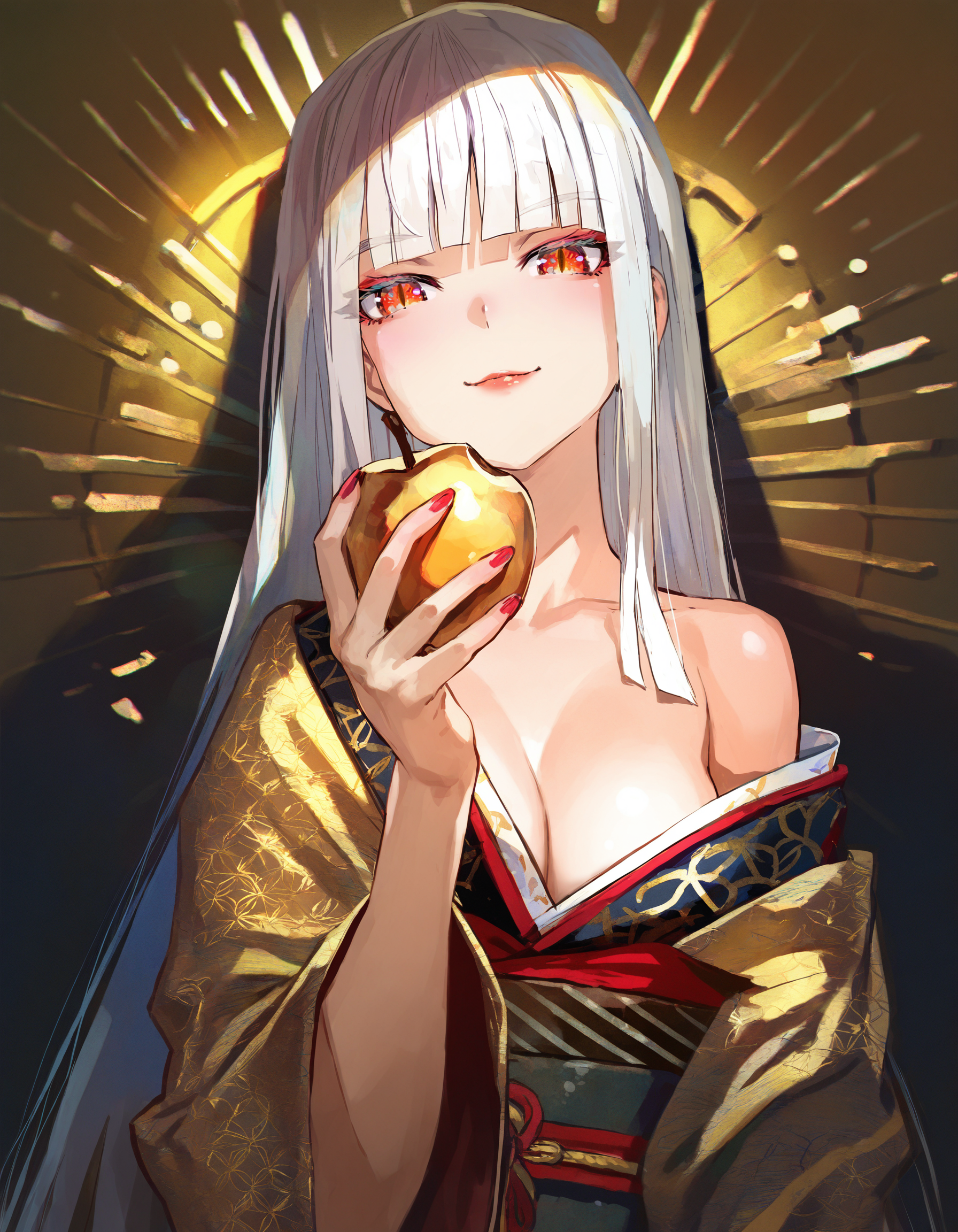 by happoubi jin, by fuzichoco, by lam, by kinta \(distortion\), by lack, by quasarcake,
japanese clothes, white hair, solo, long hair, gold kimono, sash, flower, obi, holding, looking at viewer, off shoulder, makeup, red eyes, fruit, food, 1girl, obiage, obijime, upper body, collarbone, hime cut, blunt ends, bare shoulders, holding food, lipstick, yellow background, smile, straight hair, nail polish, holding fruit, red lips, eyeshadow, colored eyelashes, long sleeves, very long hair, single bare shoulder, golden apple, slit pupils, scales, gold trim, eye focus,
dappled light, black theme, 
masterpeice, best quality, very aesthetic, absurdres
<lora:illustrious_noobai_epsilon_pred_11_very_aesthetic_v1:1>