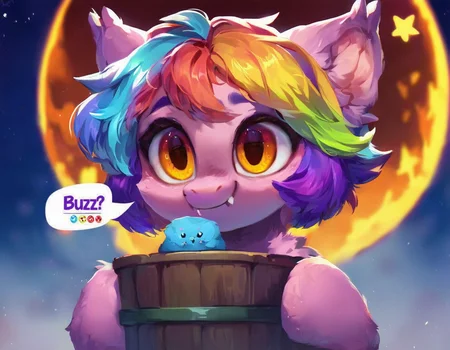 score_9, score_8_up, score_7_up, score_6_up, score_5_up, score_4_up,
source_pony, source_safe,
furry, colorful, a picture of a cute dark bat pony with big eyes looking out of a bucket with a (speech bubble:1.4) that says "Buzz?", ear fluff, purple fur, yellow eyes, fangs, fur tufts, night, stars, moon, volumetric lighting