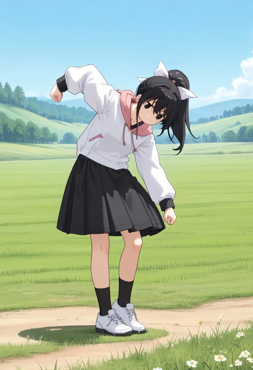 score_9, score_8, score_7, source_anime, anime_screencap, 1girl, solo, tsubasadtkw, black hair, black eyes, ponytail, hair bow, white shirt, hoodie, black skirt, black socks, shoes, outdoors, meadow, grass field, standing, full body, standing, dancing, from side, leaning forward, clenched hands
