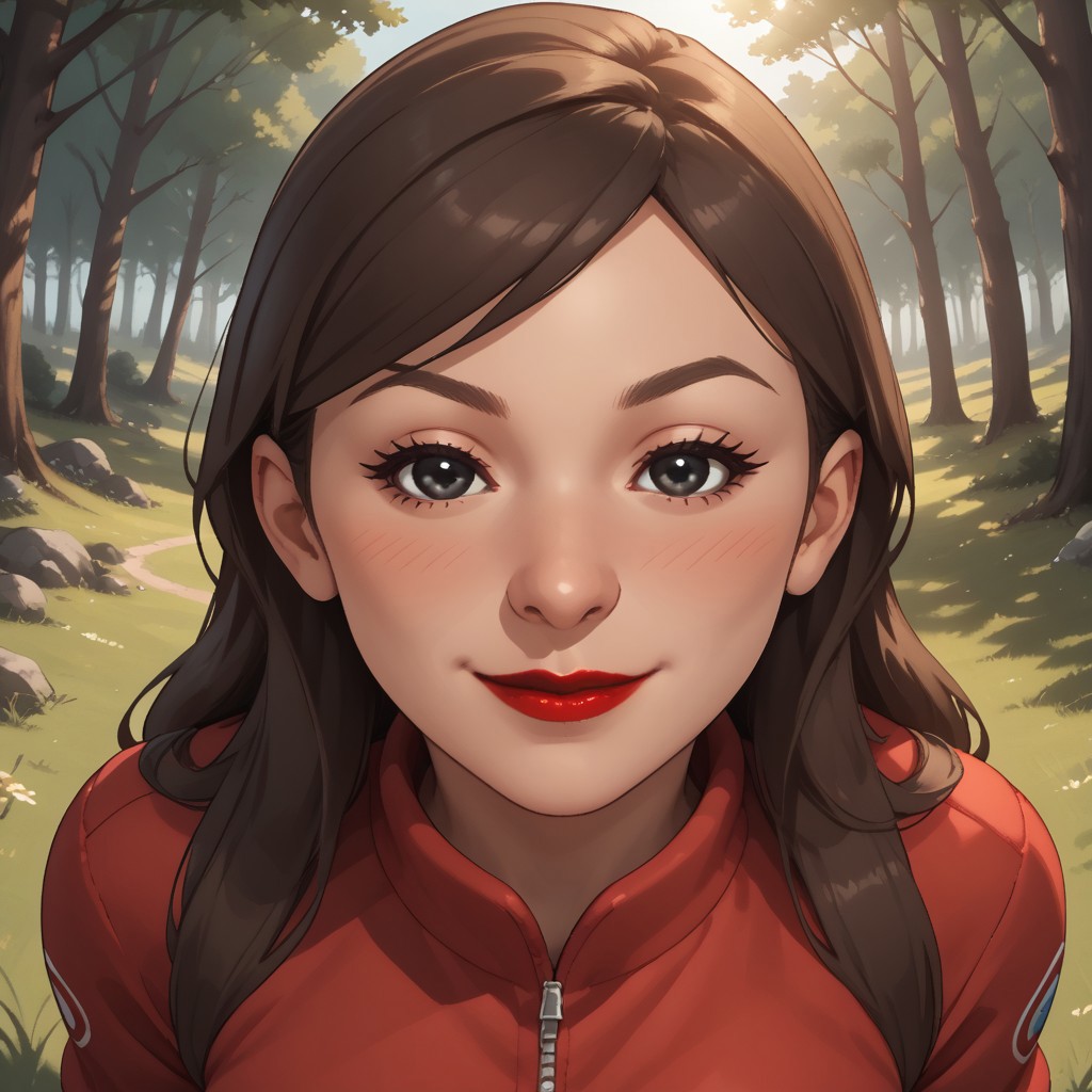score_9, score_8, BREAK, solo, mii, wii, wii sports, female mii, brown hair, long hair, black eyes, cone shaped nose, blush, red lips, lipstick, red clothing, black pants, sneakers, 1girl, breasts, cute, Fumiko_(\Wii_Sports\), Nintendo Mii, modern_mii, classic_mii, sexy pose, self portrait, smile, outdoors, sunlight, shadows, evening lighting, natural lighting, forest, trees, grass, orange sky, sunset