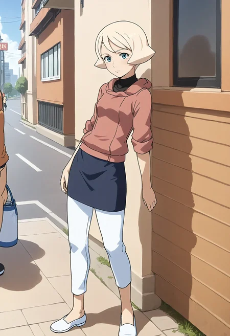 <lora:Hyper-SDXL-8steps-lora:1> <lora:Fixhands_anime_bdsqlsz_V1:1> zPDXL2, score_9, score_8_up, score_7_up, source_anime, intricate details, perfect anatomy BREAK
outdoors, city, tokyo, japan, audience, crowd, against wall, standing, leaning back, arched back , contrapposto, looking at viewer, from side, arms behind, Stoic, Expressionless face with a neutral mouth and a neutral gaze., 1girl, solo, solo focus,
<lora:GAGE-AG140emily_asuno_XL(pony)v10:1> GAGE-AG140emily, blonde hair, short hair, blue eyes, GAGE-AG140emily outfit, black shirt under red hoodie, white pants under skirt, black pencil skirt, white shoes,