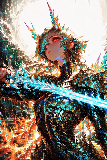 USNR, runesword, solo, 1girl, looking at viewer, , dragon horn, fiery wings, crystal dragon girl, Red eyes, hair over one eye, forehead, rainbow hair, Ruby crystals, shoulder armor, energy sword, glowing Line, metal scales, brigandine \(armor\), harp focus, dynamic lighting, Depth of field,  4k wallpaper, cinematic angle, [(gray background:1.2)::0.2], (rim light background:1.2), (masterpiece, best quality), amazing quality, very aesthetic, absurdres, highres, newest, HDR, 8K, high detail RAW color art, intricate details, high contrast, detailed background, beautiful detailed, beautiful face, blight face, large pupil, eyelashes, brilliant skin, shiny skin, perfect hand, <lora:futtora-01:0.65> <lora:ponyv4_noob1_2_adamW:1> <lora:illustrious_quality_modifiers_masterpieces_v1:1> <lora:RuneSwordXL:0.9> <lora:rainbow-hair-01:1> <lora:USNR STYLE_XL_loha:1.25>
