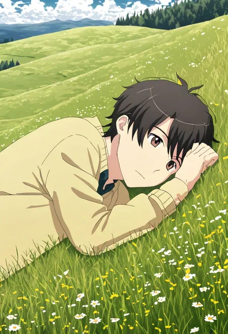 high resolution, solo, best quality, 1Boy, Inaho Kaizuka, Black Hair, Brown Eyes, relax, sleep, meadow, hill, grass hill, cloudy, OverallDetail