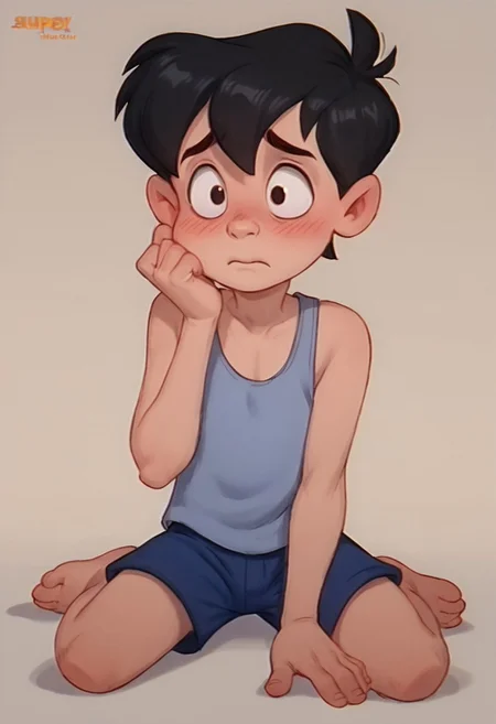 score_9, score_8_up, score_7_up, score_6_up, 1boy, solo, male, Neddiehugson, 1boy, solo,  black hair, short hair, black eyes, thin body, thin face, short stature, cute boy, blushing, shy, tank top, shorts, barefoot