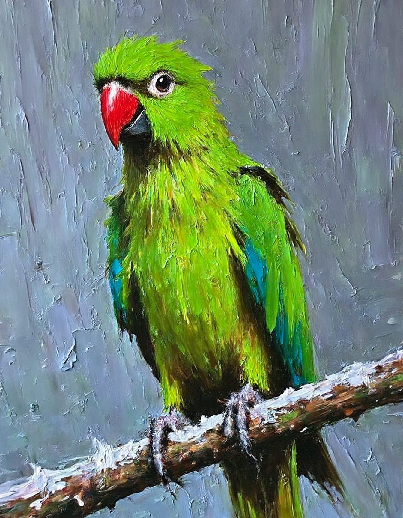 talo1 painting. oil painting.  The image is an oil painting that features a portrait of a parrot perched on a branch in the winter season. The artist has employed heavy brushstrokes, which are evident throughout the piece, giving it a dynamic and textured appearance. The colors used are quite vibrant, with the green of the parrot's feathers standing out against the darker tones of the branch and the winter landscape.
To enhance the visual impact of this painting using Flux diffusion model, several clarifications can be made. First, the brushstrokes can be further accentuated by increasing their size and intensity, which will create a more dramatic and engaging effect. Second, the use of complementary colors in the background can be expanded to include cooler tones such as blues and purples, which will add depth and contrast to the painting. Finally, the addition of subtle highlights on the parrot's feathers and the snow-covered branch will give the painting a sense of realism and make it look more lifelike.