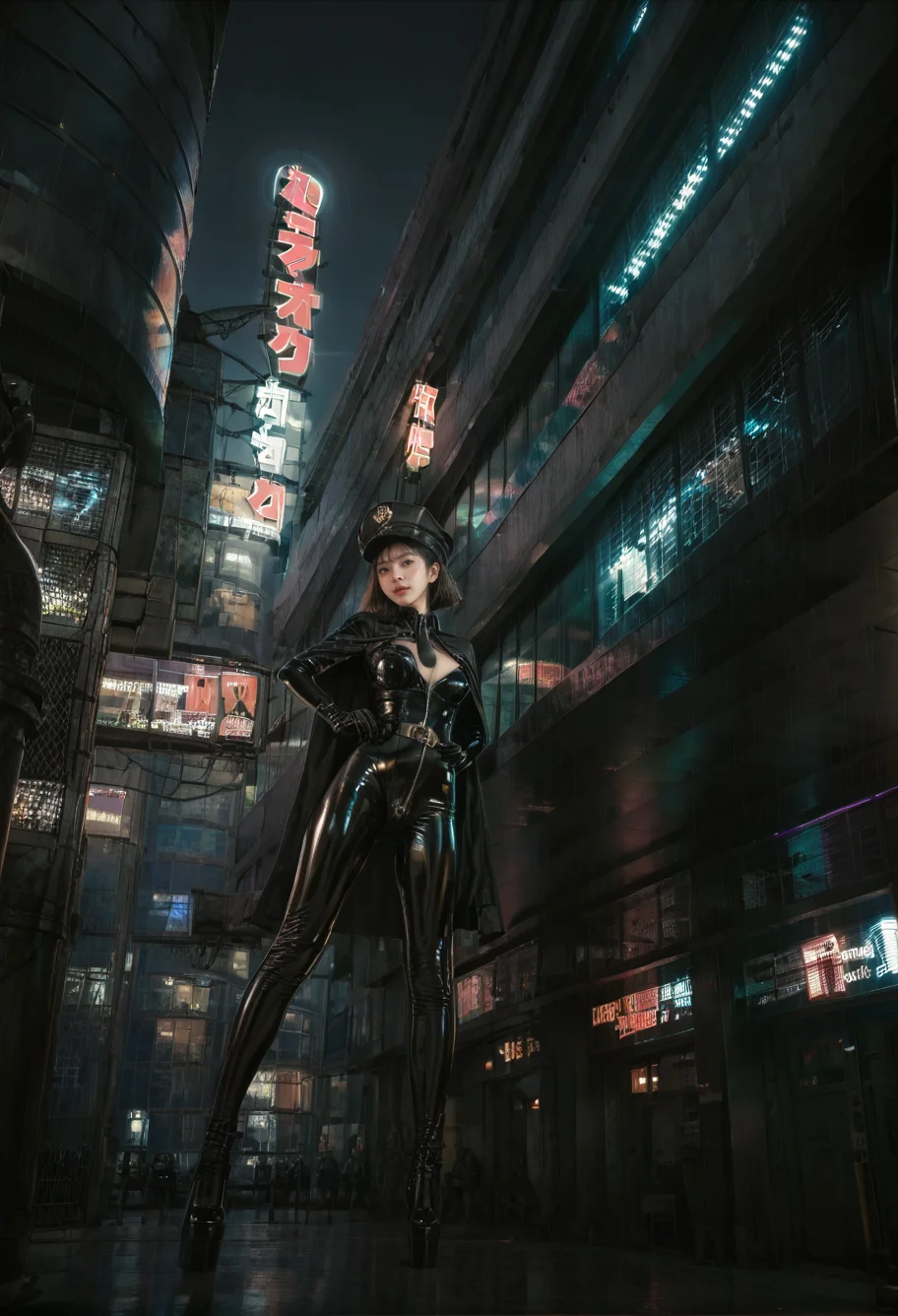 ,ruanyi0887,skyscraper,outdoors,night,neon lights,1girl,solo,spread legs,,ruanyi0848,belt,black bodysuit,black necktie,cape,elbow gloves,latex,military hat,zipper,<lora:0887 Commercial street at night_v1_pony:1>,<lora:0848 instructor_v1_pony:0.7>, score_9,score_8_up,score_7_up,,8k,1girl,solo,,
