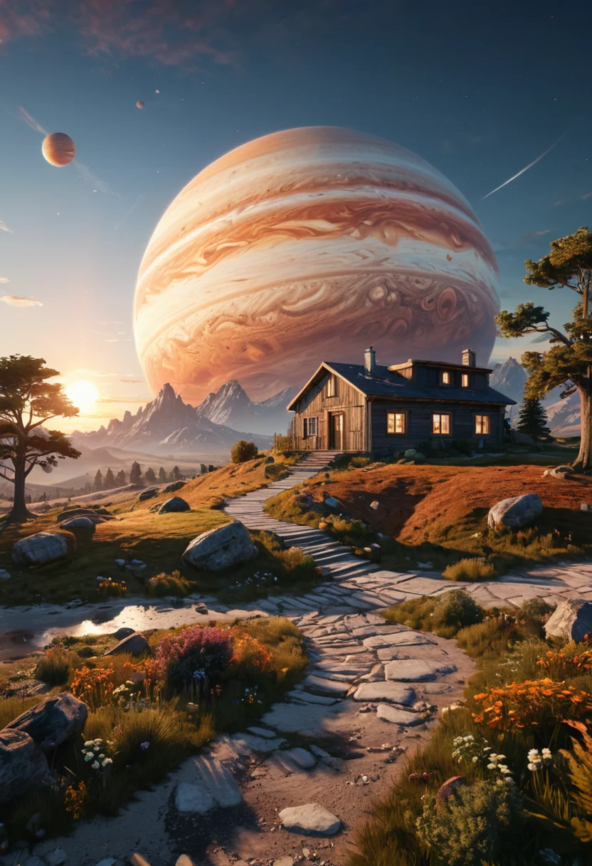 a serene landscape with a singular building at sunrise with a giant jupiter appearing in the sky, digital art, concept art, octane render, unreal engine 5, hyperrealistic, highly detailed, high quality, 4K, low contrast, soft lighting, path tracing, complementary colors, natural lighting, geometric <lora:add-detail-xl:0.7>, <lora:xl_more_art-full_v1:0.7>