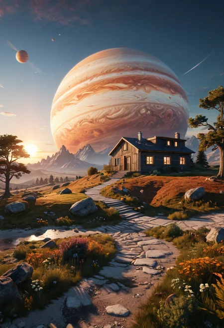 a serene landscape with a singular building at sunrise with a giant jupiter appearing in the sky, digital art, concept art, octane render, unreal engine 5, hyperrealistic, highly detailed, high quality, 4K, low contrast, soft lighting, path tracing, complementary colors, natural lighting, geometric <lora:add-detail-xl:0.7>, <lora:xl_more_art-full_v1:0.7>