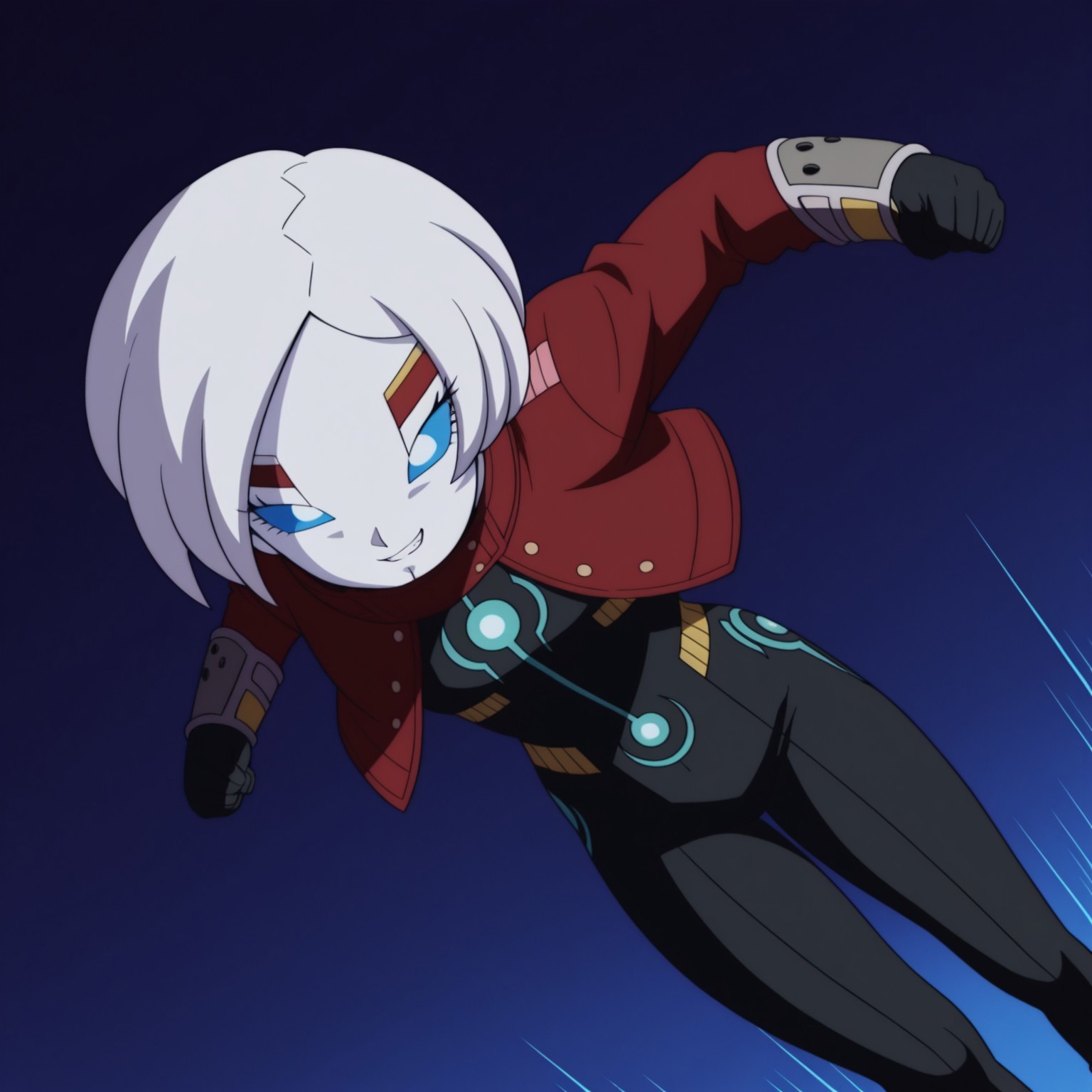 2d, 1girl, solo, Kamin, female, humanoid, white short hair, white skin, white pupils, blue sclera, red cropped jacket, black and blue bodysuit, long sleeves, gray wristbands, gray legbands, eyelashes

BREAK in the sky, speed lines, zooming towards viewer, evil grin, fists

BREAK best quality, amazing quality, very aesthetic, absurdres, newest, masterpiece 