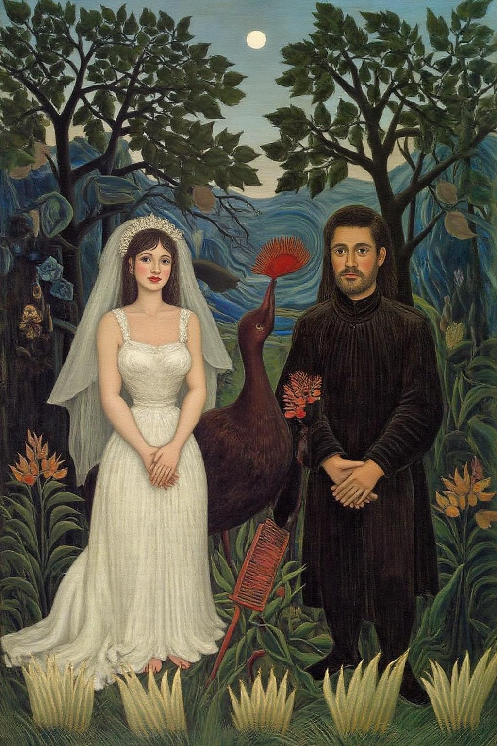 henrou1 painting
marcha9 
The artwork is a vibrant, dreamlike depiction of a wedding scene. It features two central figures: a bride and groom. The bride, on the left, wears a flowing white dress and veil, with a serene expression, her hands clasped in front of her. The groom, on the right, is dressed in dark clothing, with a more somber expression. They are positioned close together, with the bride slightly in front. There is a a large bird with a prominent red comb beside the woman. In the background, the sky is a deep, swirling blue, filled with abstract, stylized shapes and a crescent moon glowing softly.  <lora:henrou1_jungle_cap_d6a3e14:1.0><lora:817723466628283997:0>