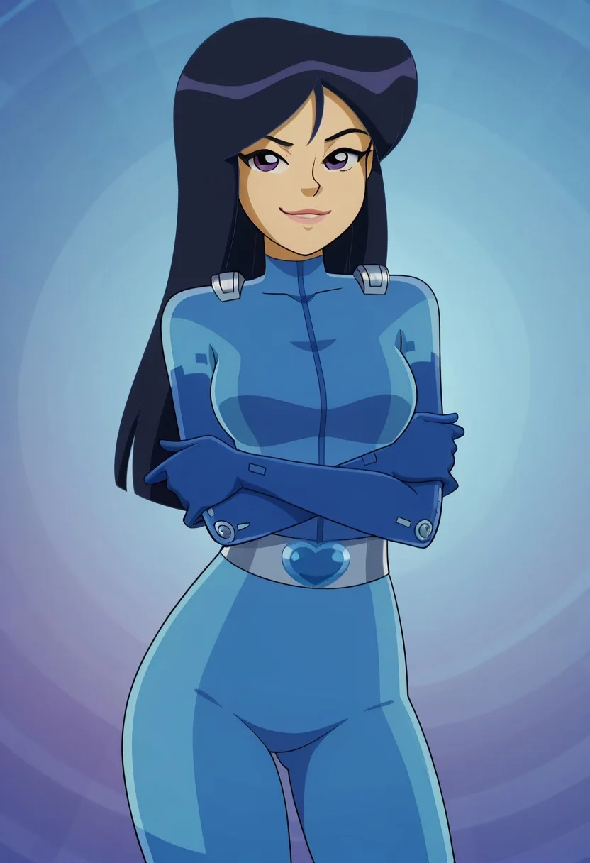 masterpiece, best quality, good quality, 1girl, solo, cartoon, totally_spies_2k24, britney, black hair, long hair, purple eyes, blue bodysuit, sexy, large breasts, beautiful, detailed, high detailed, very beautiful, detailed face, detailed eyes, detailed hand, abstract background, neon, smile, smug, looking at viewer, pose, standing, crossed arms