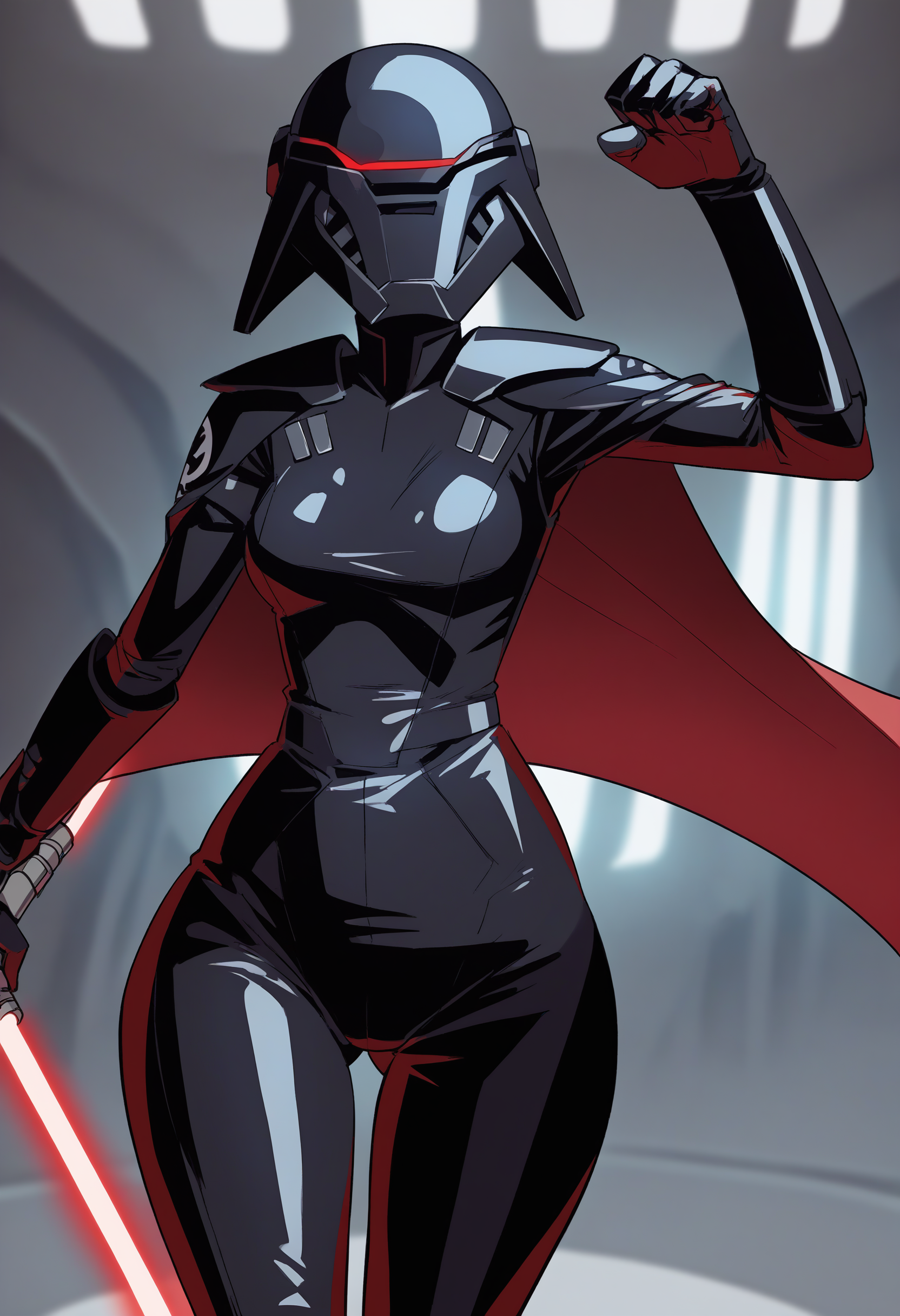 score_9, score_8_up, score_7_up, score_6_up, 2d, rating_questionable, rating_safe,
BREAK
Trilla, helmet with red visor, star wars,
armor,black gloves,tight bodysuit,black cape,black pants,
close up, solo, standing, front view, medium breasts, wide hips, holding lightsaber, double edged, action pose, red blade,
indoors, sith base, science fiction, <lora:Trilla:0.8>, <lora:balsamique-guy-PONYv1:0.8>,