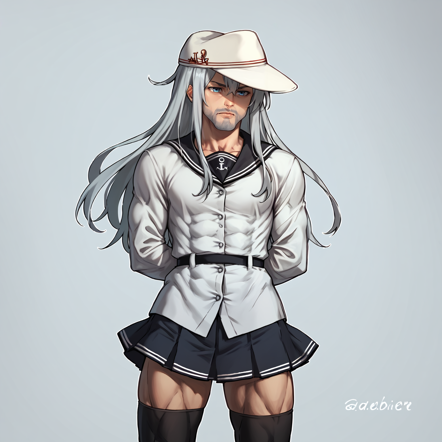 score_9, score_8_up, score_7_up, score_6_up, score_5_up, score_4_up, BREAK, cowboy shot, solo,
<lora:hibikiv2-000009:1>, hibikikc, verniyoutfitkc, long hair, school uniform, white hat, grey hair, blue eyes, black sailor collar, long sleeves, buttons, black thighhighs, <lora:gigachad-12:1>, gigachad, muscular, facial hair