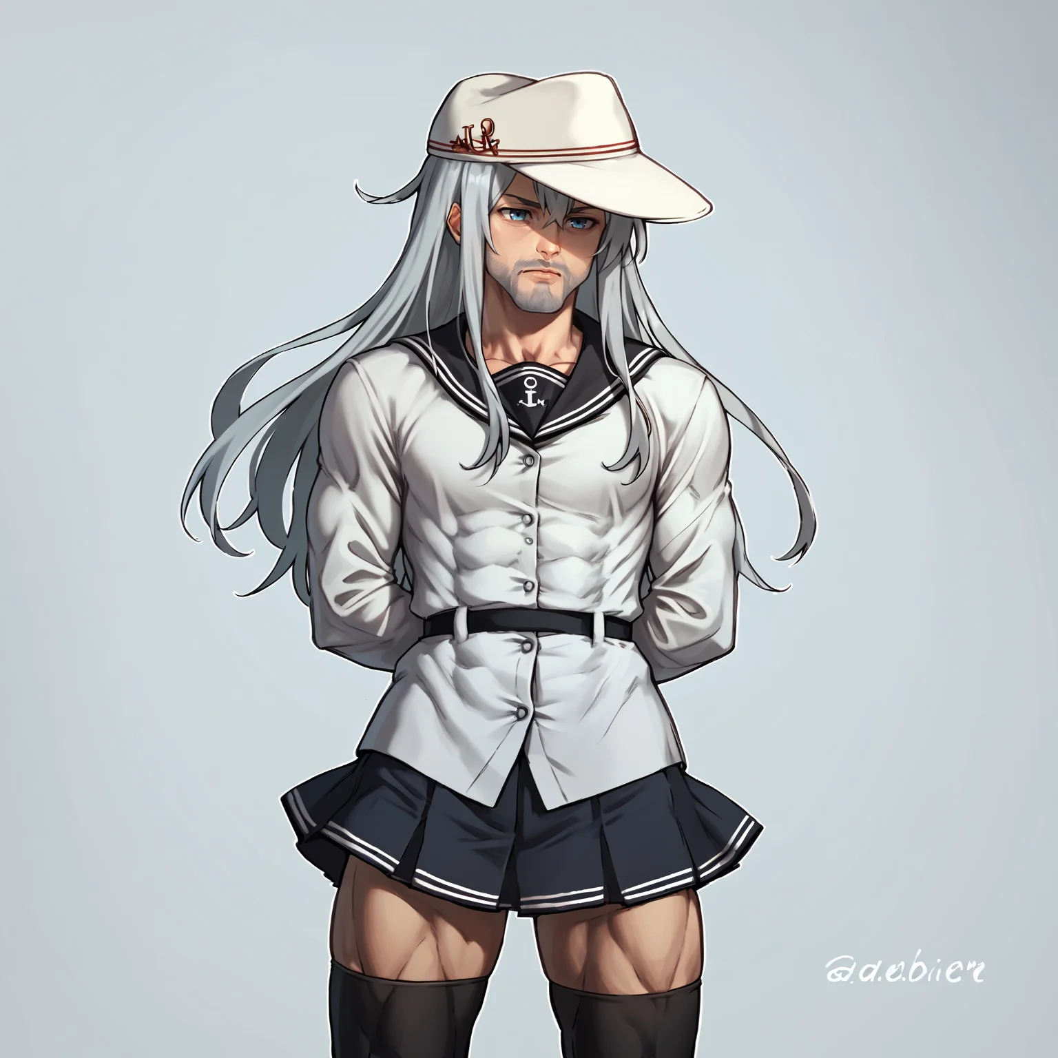 score_9, score_8_up, score_7_up, score_6_up, score_5_up, score_4_up, BREAK, cowboy shot, solo,
<lora:hibikiv2-000009:1>, hibikikc, verniyoutfitkc, long hair, school uniform, white hat, grey hair, blue eyes, black sailor collar, long sleeves, buttons, black thighhighs, <lora:gigachad-12:1>, gigachad, muscular, facial hair