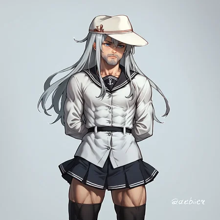 score_9, score_8_up, score_7_up, score_6_up, score_5_up, score_4_up, BREAK, cowboy shot, solo,
<lora:hibikiv2-000009:1>, hibikikc, verniyoutfitkc, long hair, school uniform, white hat, grey hair, blue eyes, black sailor collar, long sleeves, buttons, black thighhighs, <lora:gigachad-12:1>, gigachad, muscular, facial hair