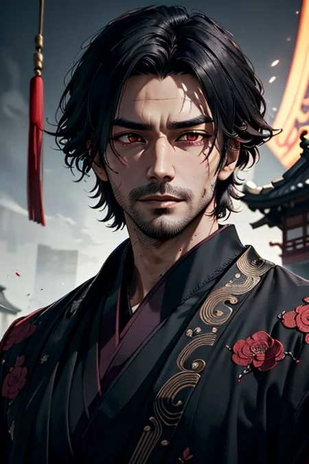 Master piece, highest quality, highest possible OverallDetail, red eyes,
Create an elder of a demonic sect.
The character looks like he is in his late twenties or early thirties. He is handsome.
He has black shoulder-length shaggy hair.
His eyes are dark red. Detailed face.
Martial art robes.
Ancestral chinese village.