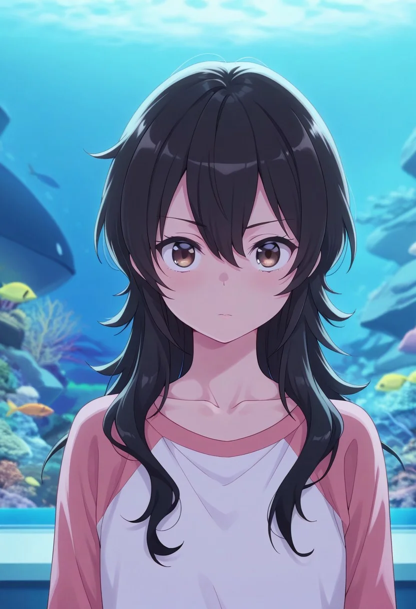 masterpiece,best quality,amazing quality, ameku takao, long hair, black hair, brown eyes, 1girl, solo, raglan sleeves, aquarium,  upper body, hair between eyes, looking at viewer, collarbone, shirt, fish