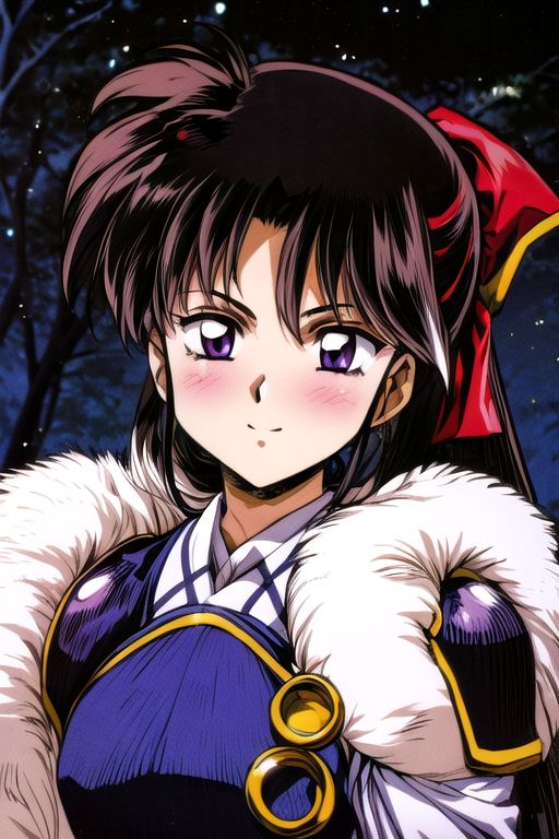 best quality 1girl Setsun4 solo long hair,  (night time) forest background black hair very long hair purple eyes multicolored hair armor, small, (fur trim) (medium body),<lora:EMS-179-EMS:0.800000>,<lora:EMS-293862-EMS:0.800000> bow, hair_bow, hair_tubes, red_bow, brown_hair, long_hair, bangs, ascot, frilled_bow, yellow_ascot, blush, smile, hair_between_eyes, athletic, armor, miko, strengthmda,  Smiling, happy, dragoon helmet