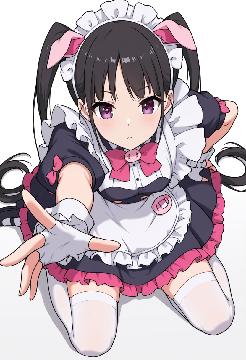 Smooth Quality,masterpiece,very intricate, high quality details, ultra realistic, high detailed skin,detailed enviorement,absurdres,
 <lora:Hiiragi_Yume_Yumechi_CNR:1> hiiragi_cnr, black hair, long hair, twintails, purple eyes,fake animal ears, pig ears, hiiragi_maid_cnr,maid, maid headdress, maid apron, frilled apron, black dress, puffy short sleeves,white thighhighs, black footwear,fingerless gloves,white wrist cuffs,pink bowtie, frills,, simple background, white background, from above,solo,
kneeling, one hand on ground, reaching forward, focused, tense,  ,, x3,