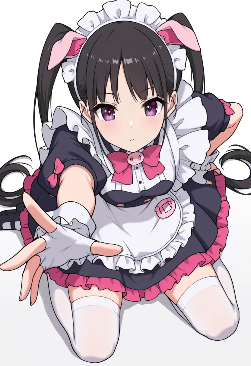 Smooth Quality,masterpiece,very intricate, high quality details, ultra realistic, high detailed skin,detailed enviorement,absurdres,
<lora:Hiiragi_Yume_Yumechi_CNR:1> hiiragi_cnr, black hair, long hair, twintails, purple eyes,fake animal ears, pig ears, hiiragi_maid_cnr,maid, maid headdress, maid apron, frilled apron, black dress, puffy short sleeves,white thighhighs, black footwear,fingerless gloves,white wrist cuffs,pink bowtie, frills,, simple background, white background, from above,solo,
kneeling, one hand on ground, reaching forward, focused, tense, ,, x3,