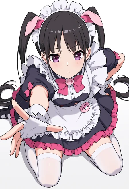 Smooth Quality,masterpiece,very intricate, high quality details, ultra realistic, high detailed skin,detailed enviorement,absurdres,
<lora:Hiiragi_Yume_Yumechi_CNR:1> hiiragi_cnr, black hair, long hair, twintails, purple eyes,fake animal ears, pig ears, hiiragi_maid_cnr,maid, maid headdress, maid apron, frilled apron, black dress, puffy short sleeves,white thighhighs, black footwear,fingerless gloves,white wrist cuffs,pink bowtie, frills,, simple background, white background, from above,solo,
kneeling, one hand on ground, reaching forward, focused, tense, ,, x3,