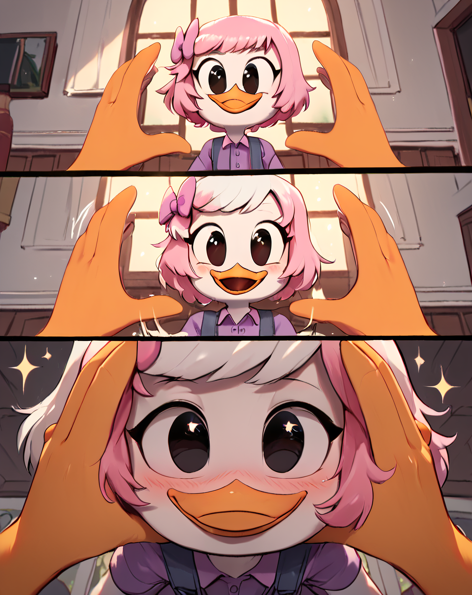 score_9, score_8_up, score_7_up, score_6_up, best quality, highres, source_furry, 1girl, female, solo, inside, mansion, duck, beak, webby vanderquack, young, white skin, white hair, short hair, black eyes, black eyes, sneakers, standing, excited, arms back, orange legs, blush, happy, sparkles, purple dress shirt, pink overalls:1.2, pink hair bow,  incrssnootchallenge, comic, pov hands, motion lines, 3koma, smile, :d,<lora:SnootChallenge_XLPD:1> <lora:Webby_Vanderquack:.8>, ZPDXL, <lora:more_details:1>  <lora:xl_more_art-full_v1:1> <lora:ugly_style:-1>