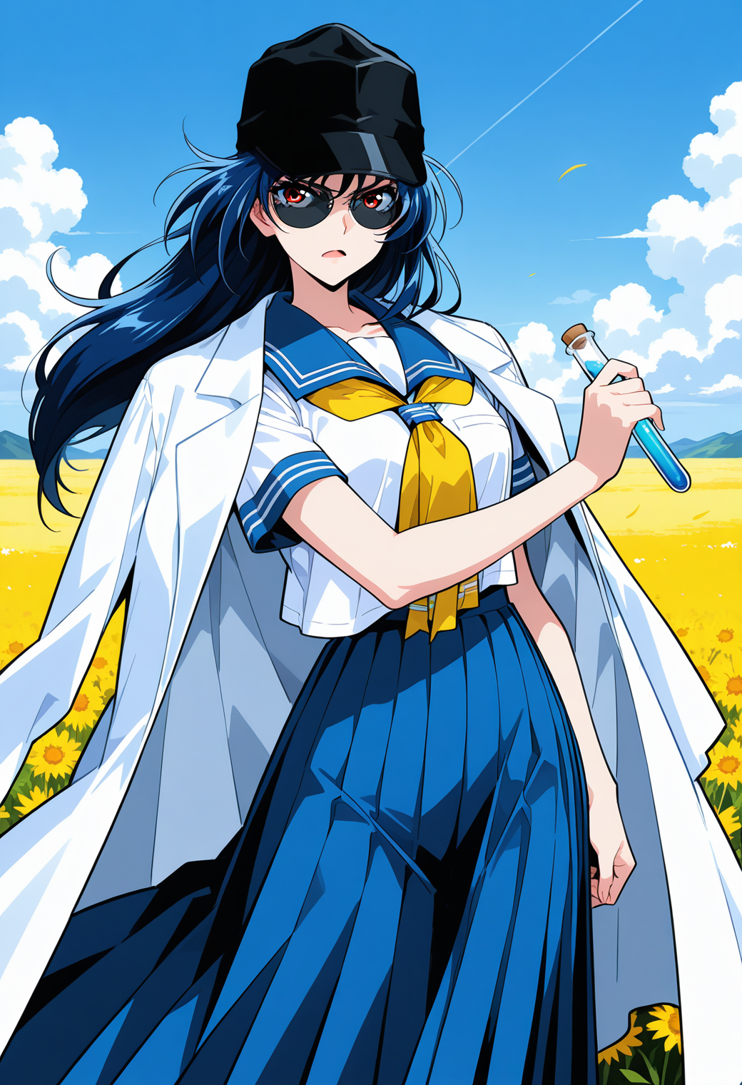 ougigaya_tetsuko, red eyes, blue hair, long hair, sunglasses, black cap, BLEAK jacket on shoulders, lab coat, school uniform, serafuku, blue sailor collar, yellow neckerchief, short sleeves, pleated skirt, blue skirt, long skirt, <lora:asuka120_ougigaya_tetsuko_illustrious_ver1:0.8> 
serious, open mouth, test tube, holding,, masterpiece, best quality, sensitive,, 1girl, solo, (field:1.2), (blue sky:1.2), looking at viewer,, (cowboy shot, dynamic pose:1.4),