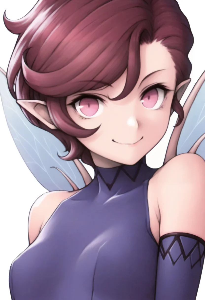 masterpiece, best quality, solo, 1girl, smile, looking at viewer, <lora:FF7-Portraits-illus_Fp:1>, simple background, portrait, white background, <lora:j:1>, pixie, brown hair, short hair, pink eyes, pointy ears, blue leotard, blue elbow gloves,fairy wings,