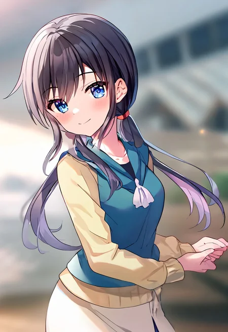 blurred background,
smile,
looking at viewer,
solo,
ayumi,
standing,
masterpiece,best quality,good quality,newest,