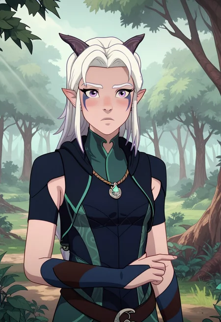 Score_9, Score_8, Score_7, TDPStyle, TeRay, Elf, Moonelf, Horns, Long Hair, White Hair, Purple Facial Marks, Moonelf Outfit, Four Fingered Hand, solo, 1girl, posing in a serene forest glade, with moonlight filtering through the trees, creating a magical atmosphere