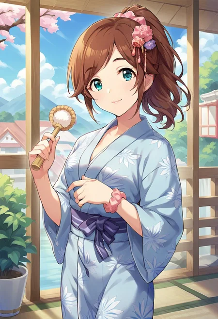 score_9, score_8_up, score_7_up, source_anime,imura setsuna, long hair, brown hair, aqua eyes, 1girl, solo, japanese clothes, ponytail, yukata, scrunchie, looking at viewer, hair ornament, smile