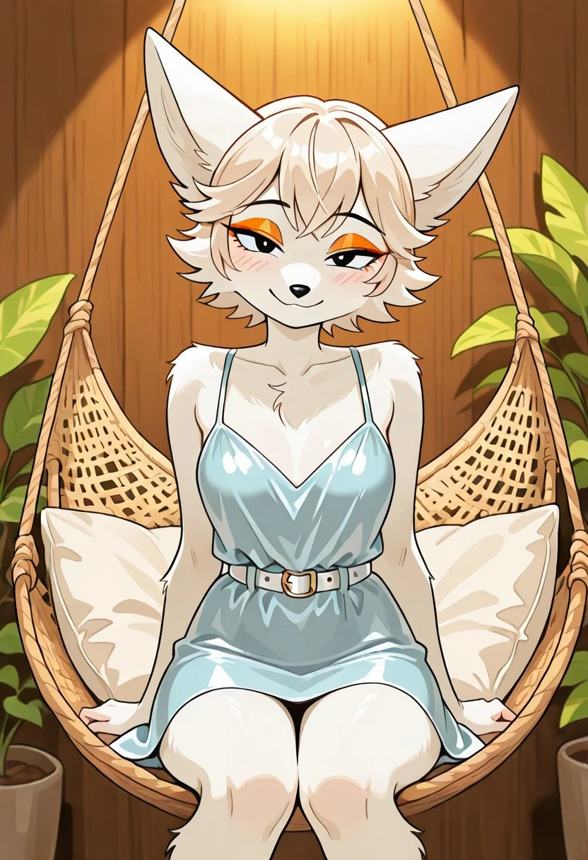 masterpiece, best quality, amazing quality, very aesthetic, high resolution, ultra-detailed, detailed background, absurdres, newest, high quality,Amelie, anthro fox, furry female, white fur, black nose, black eyes, white waist belt, black bezel, orange makeup. Flirty, sexy, seductive expression. In a light beige, satin dress, miniskirt, (detailed skin texture:1.2), (facial features:1.3), (expression:1.2), sitting in a woven hanging chair (body type:1.1), (pose:1.2), facing viewer, positioned slightly off-center, (detailed hair:1.2). Woven hanging chair, light beige/cream colored cushions, light-brown woven hanging chair, natural light, warm lighting, (lighting:1.2) subtle shadows, medium-to-low saturation colors, (color palette:1.2). Interior room with beige walls, plant life in the background, natural wooden tones in the background. (composition:1.2). Photorealistic style, high detail, 8k resolution.
