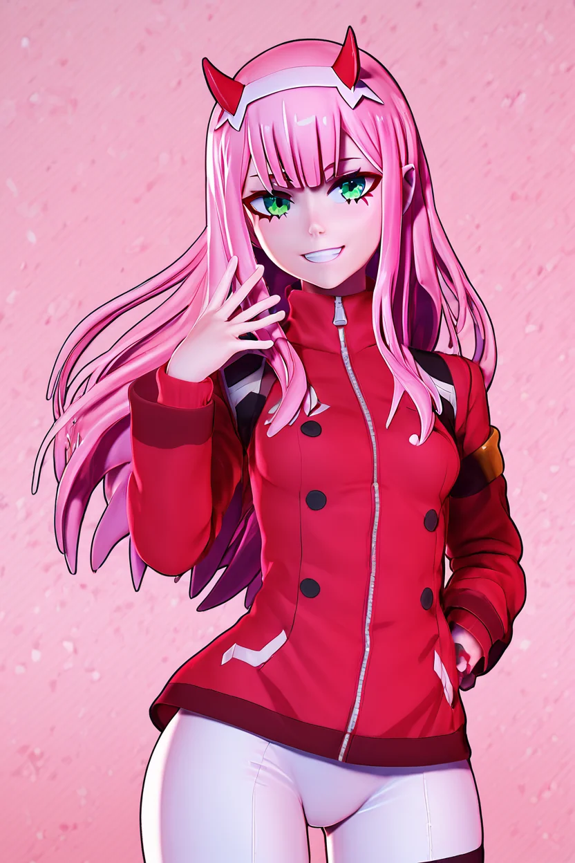 score_9, score_8_up, score_8, medium breasts, (curvy), cute, eyelashes,       BREAK, , BREAK, <lora:zero-two-ponyxl-lora-nochekaiser:0.8>, zero two, green eyes, hairband, horns, long hair, pink hair, red horns, white hairband, jacket, positive:BREAK, leggings, red jacket, white footwear,, <lora:Zy0n7_PDXL:1.0>, , BREAK,  smile, looking at viewer, cowboy shot,  embedding:zPDXL, Expressiveh, <lora:SDXLFaeTastic2400:0.5>,  <lora:Expressive_H-000001:0.4>,