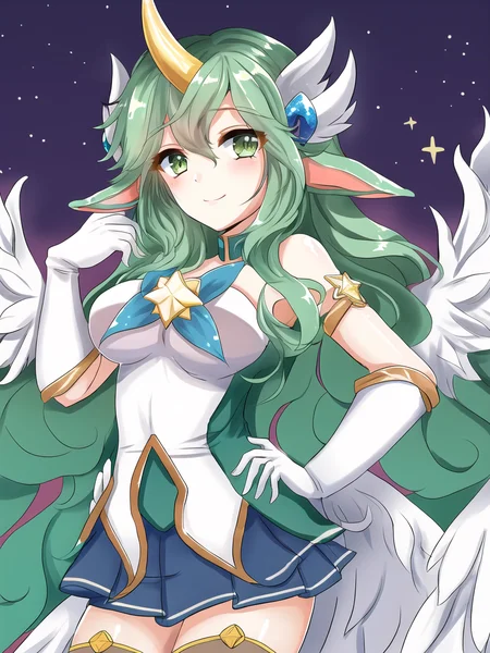 beach, soraka \(league of legends\), star guardian \(league of legends\), hands on hip, star guardian soraka, league of legends, highres, 1girl, alternate costume, alternate eye color, alternate hair color, alternate hairstyle, asymmetrical gloves, breasts, cowboy shot, gloves, green hair, horns, long hair, low wings, single horn, solo, thighhighs, uneven gloves, very long hair, white gloves, white thighhighs, white wings, wings <lora:star_guardian_soraka-000035:1>