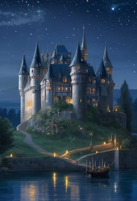 A low castle in the early feudal French style on the shore of a lake, shrouded in a warm summer night. Lights are burning in the windows of the castle, warriors are guarding the gates of the castle. The night starry sky. meticulous, intricate, entangled, intricately detailed