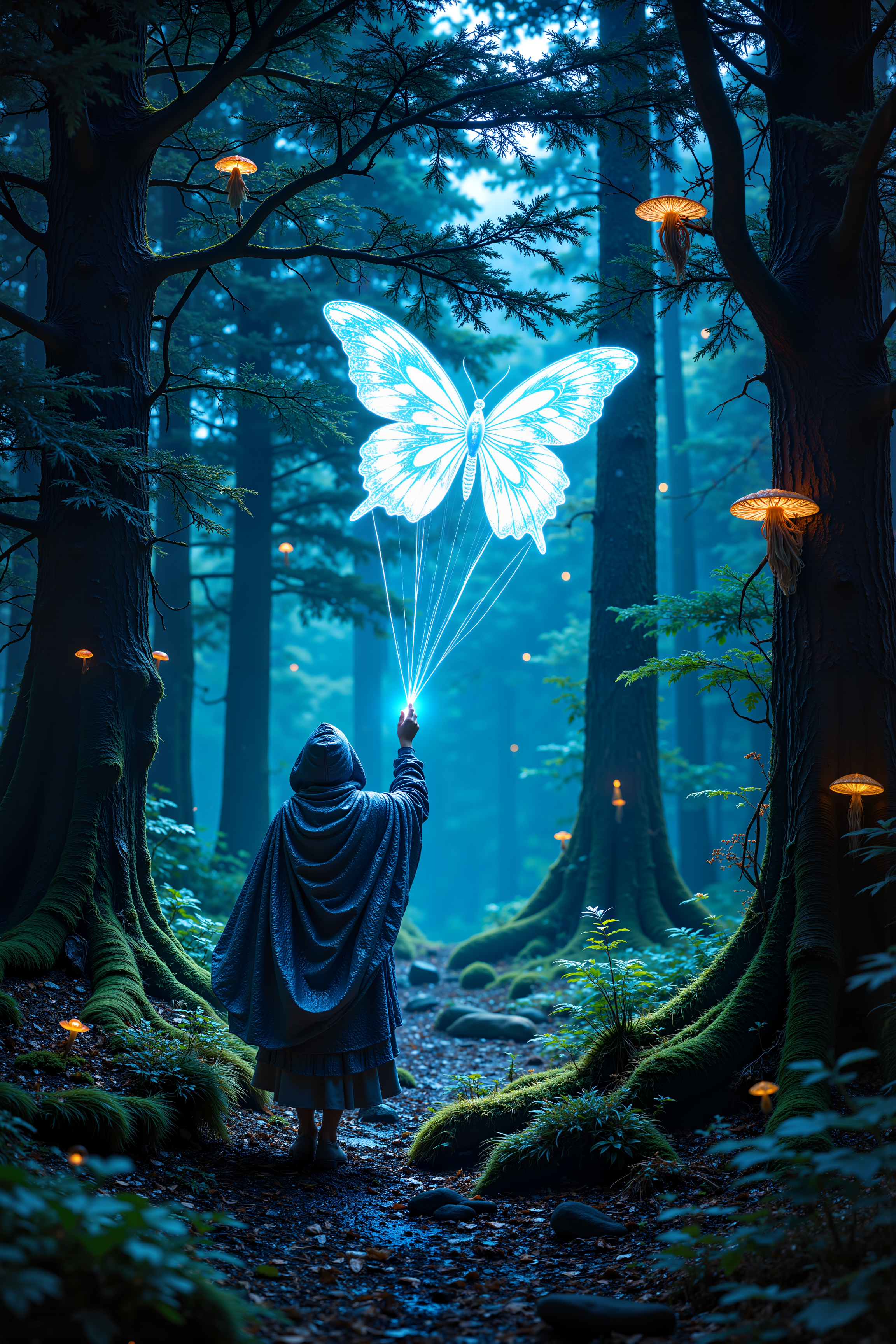 In the heart of a luminescent forest, a hooded wanderer dressed in layered, iridescent robes lifts a bioluminescent kite into the air. The kite, resembling a giant, glowing butterfly with delicate, fractal-patterned wings, casts intricate light patterns on the moss-covered ground. Tall, ancient trees with intertwined roots and softly glowing fungal accents frame the scene in a painterly, double-exposure style, where vibrant greens and electric blues merge seamlessly.<lora:FluxMythR3alisticF:0.4><lora:midjourney_whisper_flux_lora_v01:0.4><lora:aidmaMJ6.1-FLUX-V0.1:0.4><lora:Movie_Portrait:0.4><lora:Flux DetailerV2:0.4>