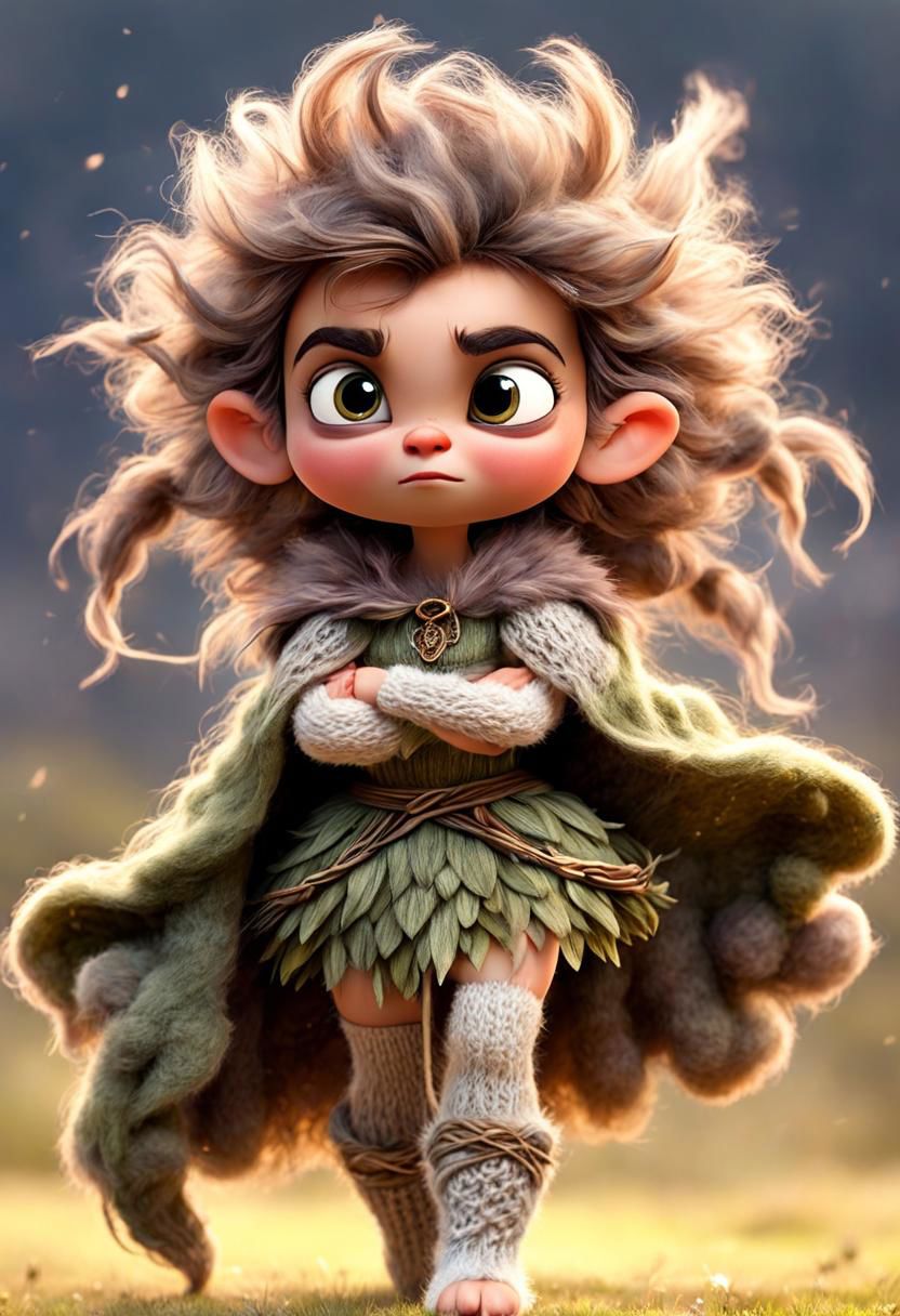 Fairy Like adorable petite female skinny little princess by Antoine de Saint-Exupery, fighting stance, furry, very wooly, Large eyes, fuzzy furry like, Long hairy fluffy, devouring, blushed seducing shy angry Look from beneath, knitted hairband and knitted Wooly stockings, fists up, Cape and Hair in Wind, Wind Vortex, tanslucent, levitating planet