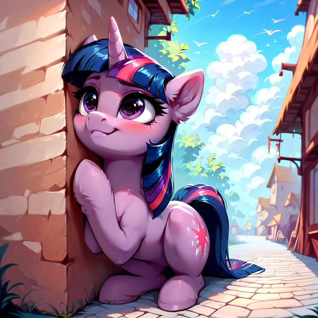 masterpiece, score_9, score_8_up, score_7_up, (best quality:1.1), ultra-detailed, high resolution, 1 girl, pony, highly detailed macro illustration, Twilight Sparkle smiling, blushing, hooves on face, Twilight Sparkle, feral, female, mare, cute, long eyelashes, outside, (((beautiful detailed eyes))), Long eyelashes, fluffy, ear fluff, long eyelashes, (cornering), taking cover, spying, wall, Highly Visible, (((8k))), sharp focus, perfect lighting, anatomically correct, extremely detailed, shine on body, (in the mlp town), high detail, cute face, suspicious facial expression, Expressiveh, detailed background, OverallDetail, zPDXL2, <lora:Corneringv1:0.8>