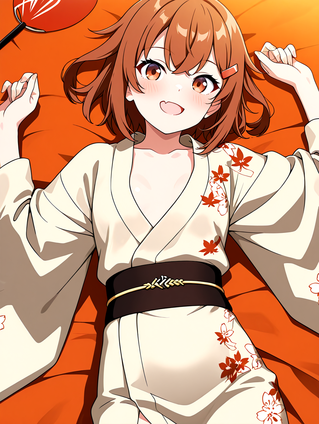 masterpiece,best quality,newest,absurdres,highres,detailed eyes,beautiful,detailed background,perfect eyes,anime coloring,full_shot,anime screencap,
nsfw,explicit,<lora:add-detail-xl:1>,<lora:ponyv4_noob1_2_adamW-000017:0.8>,wear clothes,
1girl,solo,
looking at viewer,
<lora:ikatsuchi-wafuku:1>,ikatsuchi-wafuku,maple leaf floral print yukata,decorate black obi,japanese clothes,III anchor ornament,brown hair,short hair,1girl,solo,hairclip,hair ornament,fang,wide sleeves,brown eyes,skin fang,
alternate costume,hand giant print fan,