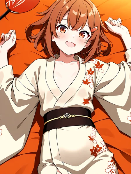 masterpiece,best quality,newest,absurdres,highres,detailed eyes,beautiful,detailed background,perfect eyes,anime coloring,full_shot,anime screencap,
nsfw,explicit,<lora:add-detail-xl:1>,<lora:ponyv4_noob1_2_adamW-000017:0.8>,wear clothes,
1girl,solo,
looking at viewer,
<lora:ikatsuchi-wafuku:1>,ikatsuchi-wafuku,maple leaf floral print yukata,decorate black obi,japanese clothes,III anchor ornament,brown hair,short hair,1girl,solo,hairclip,hair ornament,fang,wide sleeves,brown eyes,skin fang,
alternate costume,hand giant print fan,
