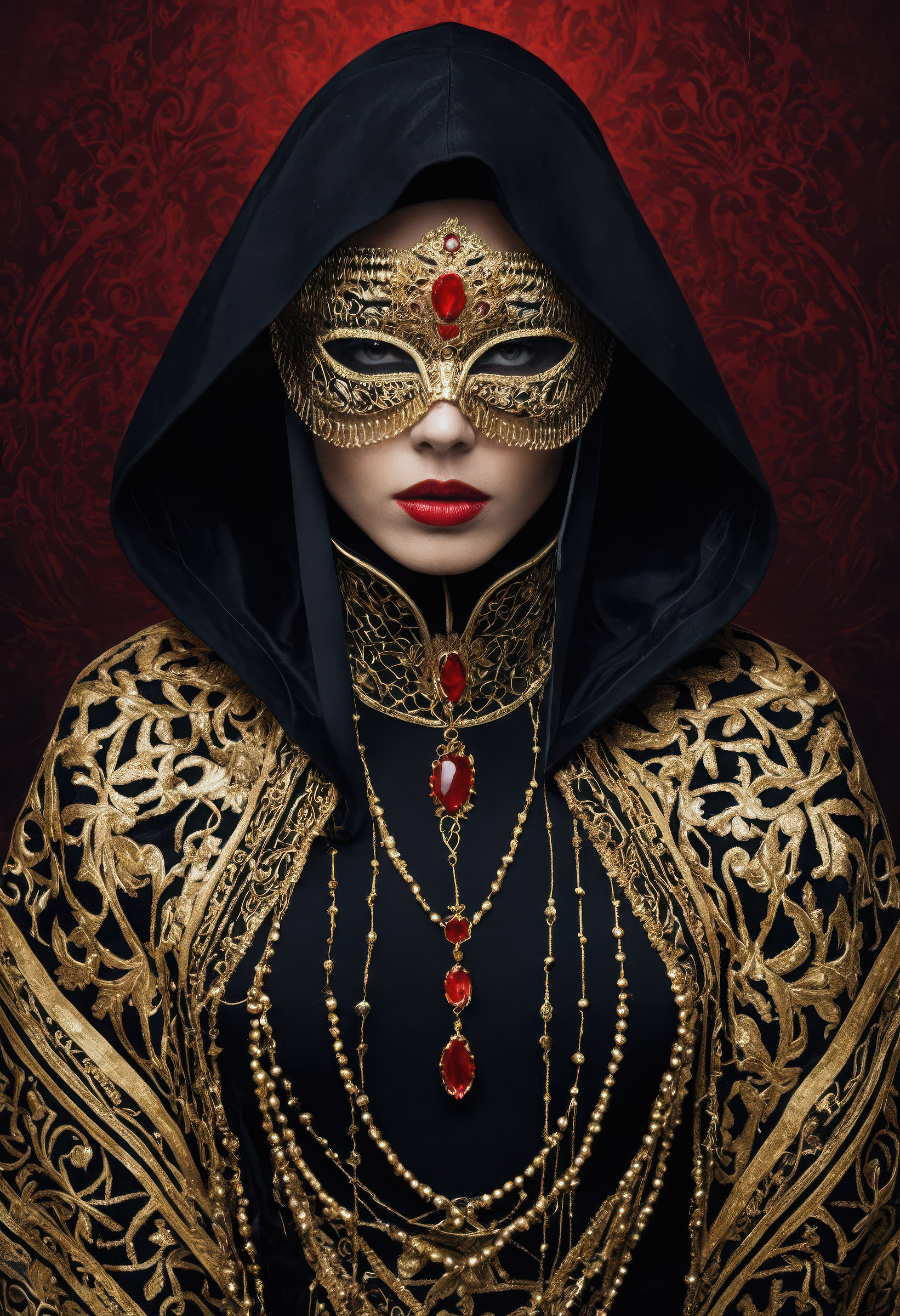 highly stylized close-up of a mysterious woman in ceremonial attire, blindfolded with an intricately decorated gold-patterned cloth,   fair skin, full lips, dark hooded veil with gold accents, elegant high collar, vivid red gemstone centered at the throat, rich textures and royal symbolism, subtle pale backdrop, hyper-detailed fantasy portrait, surreal elegance