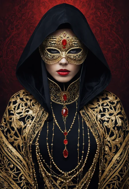 highly stylized close-up of a mysterious woman in ceremonial attire, blindfolded with an intricately decorated gold-patterned cloth, fair skin, full lips, dark hooded veil with gold accents, elegant high collar, vivid red gemstone centered at the throat, rich textures and royal symbolism, subtle pale backdrop, hyper-detailed fantasy portrait, surreal elegance