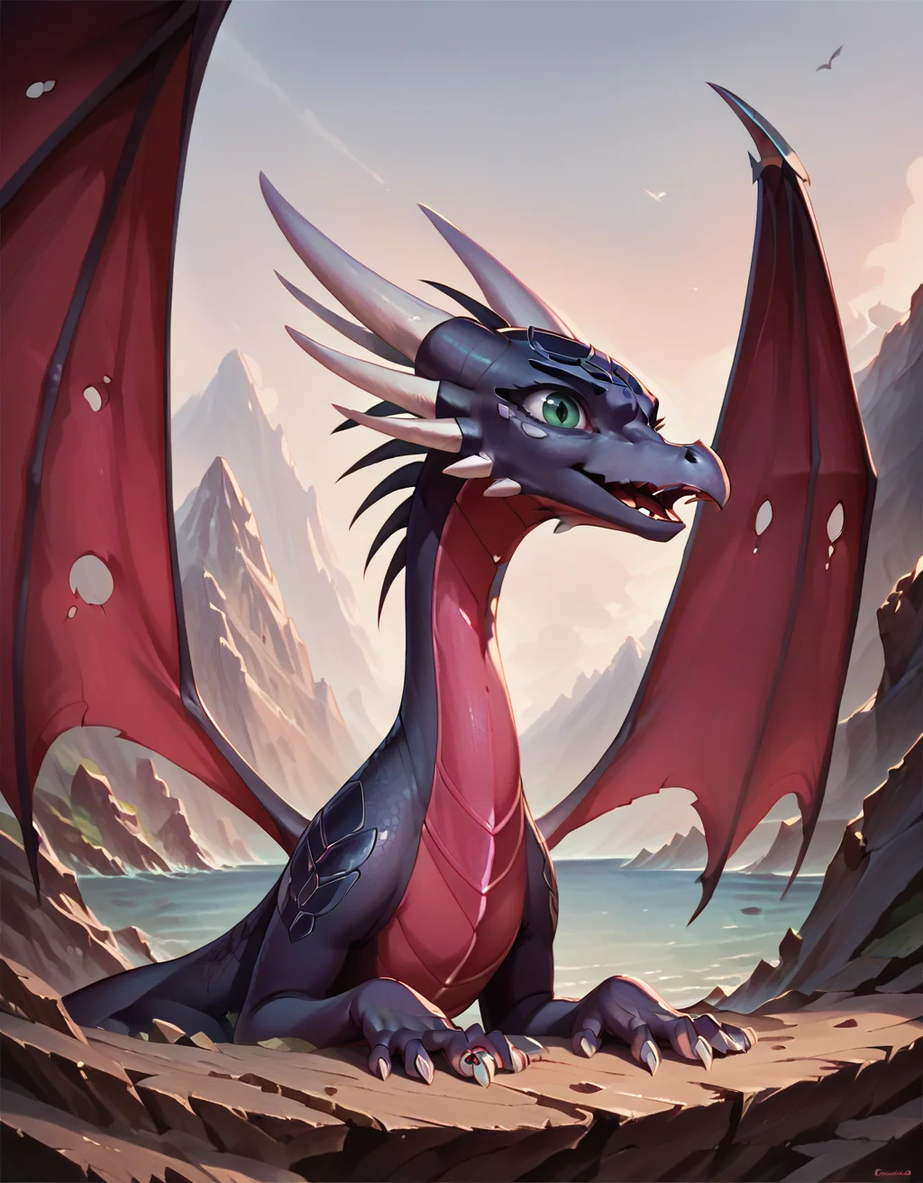 score_9, score_8_up, score_7_up, score_6_up,
<lora:Adult_Corrupted_Cynder_-_The_legend_of_Spyro:0.7> <lora:OtherStyle_03:0.8> cartoon, style cartoon,
cynder, dragon, corrupted, green eyes, female, detailed eyes, solo, perforated wings, masterpiece, black eye contour, sea in background, detailed background, full body, happy,