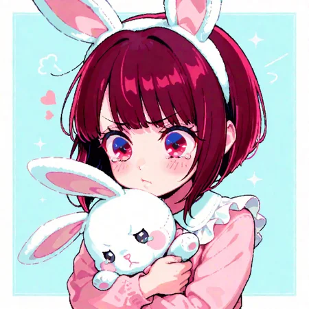 masterpiece, best quality, amazing quality, very aesthetic, high resolution, ultra-detailed, absurdres, newest, AgeRegression, 1girl, baby, toddler, arima kana, pouting, tears, cute, holding, hugging, bunny plushie, stuffed toy, stuffed animal, minimalistic, cute, simple, pastel colours, limited palette, medium shot, hearts, stars, sparkles, white line, graphic line, solid white line surrounding character