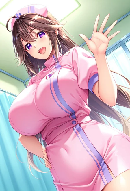 general,highres, ultra-detailed,very aesthetic,best quality ,best hands,best eyes,easynegative,
dynamic anglre, dutch angle, anime cloring,
1girl solo,looking at viewer,indoors, hospital, waving hand, hand on hip,smile, open mouth,
Hinata Agano,brown_hair, long_hair, ahoge, purple eyes, huge_breasts,pink nurse costume,