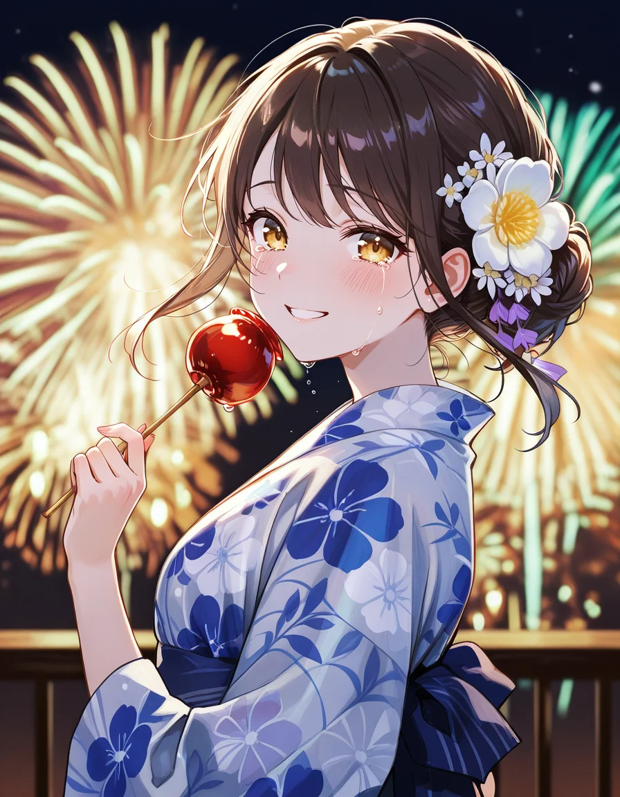 score_7_up, anime BREAK official art, solo, 1girl, one girl,
<lora:hanabitaikai:0.9>, hanabitaikai,
fireworks, hair ornament, hair flower, smile, candy apple, looking at viewer, blurry background, upper body, yukata, crying, night, blush, from side, floral print, white flower, aerial fireworks,
(masterpiece:1.3), best quality, high resolution, unity 8k wallpaper, extremely detailed CG, 8K, (watercolor \(medium\), muted color, sketch:1.1), perfect anatomy, highly finished, masterpiece, best quality, high quality, amazing quality, great quality, very aesthetic, ultra detailed, highres, absurdres, highly detailed, highly detailed background,