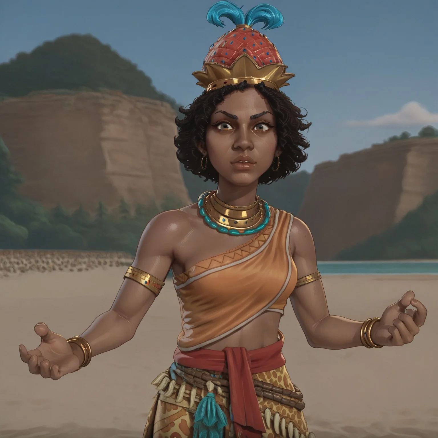1girl, solo, nzinga, dark-skinned woman, curly hair, black hair, feather crown, african clothes, bare shoulder, gold jewelry, gold bracelet, gold necklace, standing on the sand, proud expression, power pose