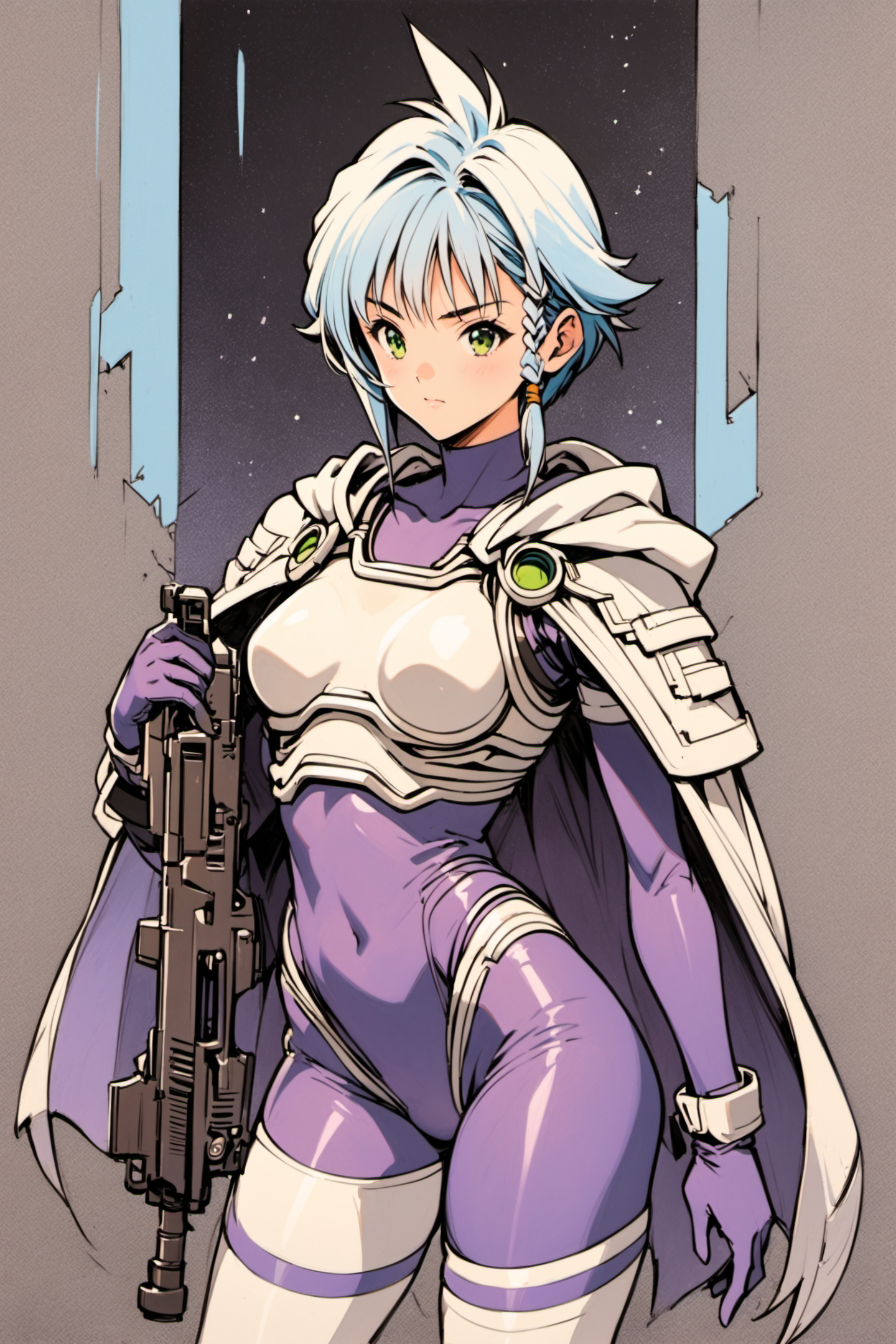 Karin Aoi,1girl,solo,weapon,gun,green eyes,side braid,handgun,short hair,blue hair,white hair,Purple_bodysuit_White_Pauldrons_White_breastplate_Asymmetrical_legwear_White_thighhighs_hood_down_Purple_Cape,upper body,traditional media,<lora:Katsura Masakazu_XL_V2-000010:0.8>,
