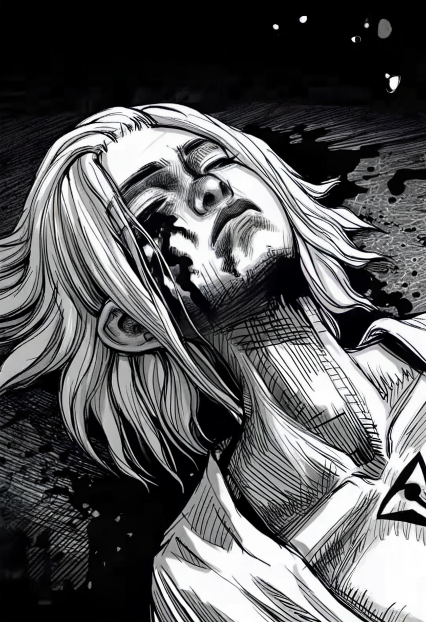 monochrome, greyscale, 1boy, male focus, solo, closed eyes, collarbone, lying, on back, medium hair, blood <lora:odysseasXL_NBVP1_lokr_V6311PZ:0.95>