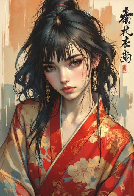 OBxiaoxiang, inksplash portrait of stunning oriental princess stting outside shinto shrine, long hair, sidelocks, bangs, hair ribbon,  earrings, necklace, choker, red and gold cheongsam, direct gaze, light hitting one side of face, gradient colour background, Japanese kanji